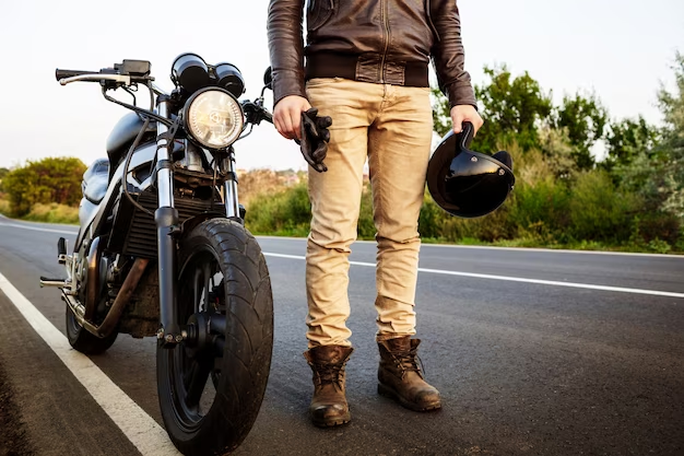 Man standing in boots near a motorcycle