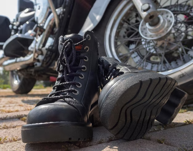 Shoes standing next to a motorcycle